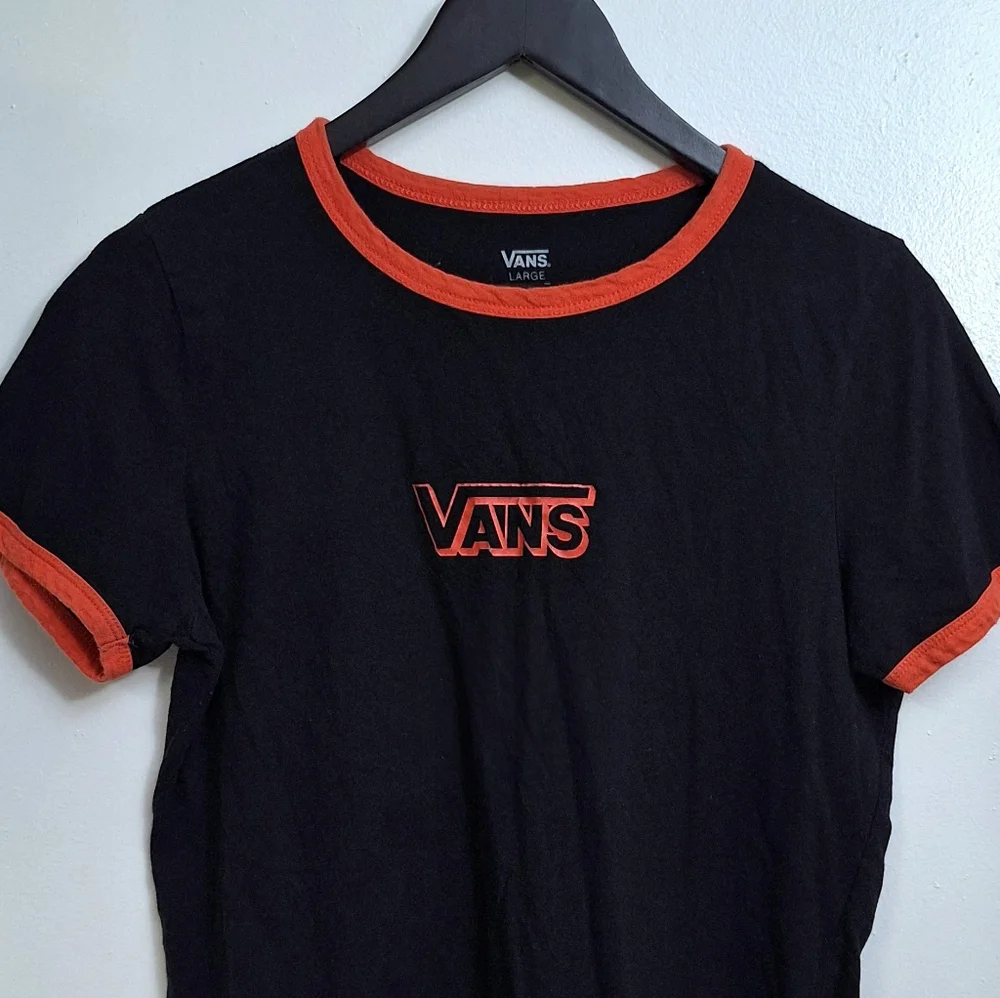 Vans Black Ringer T-Shirt with Orange Trim Logo Graphic Fitted Size Large Unisex - Picture 3 of 9